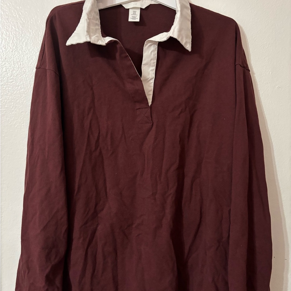 Men's Burgundy Shirt with White Collar oversized
